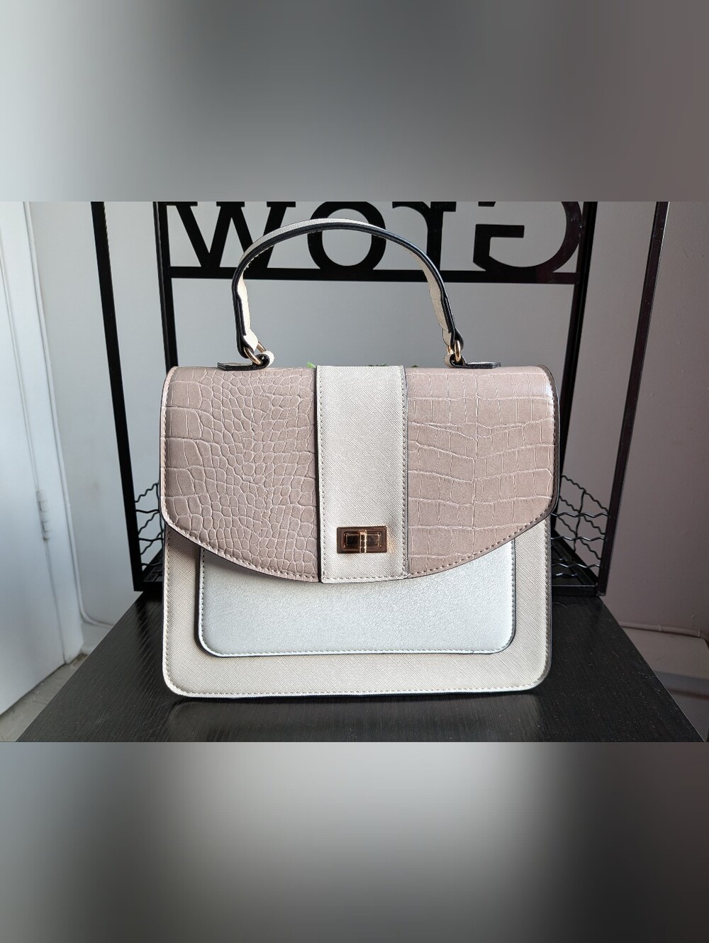 Cream & Light Taupe Croc-Embossed Satchel Bag
